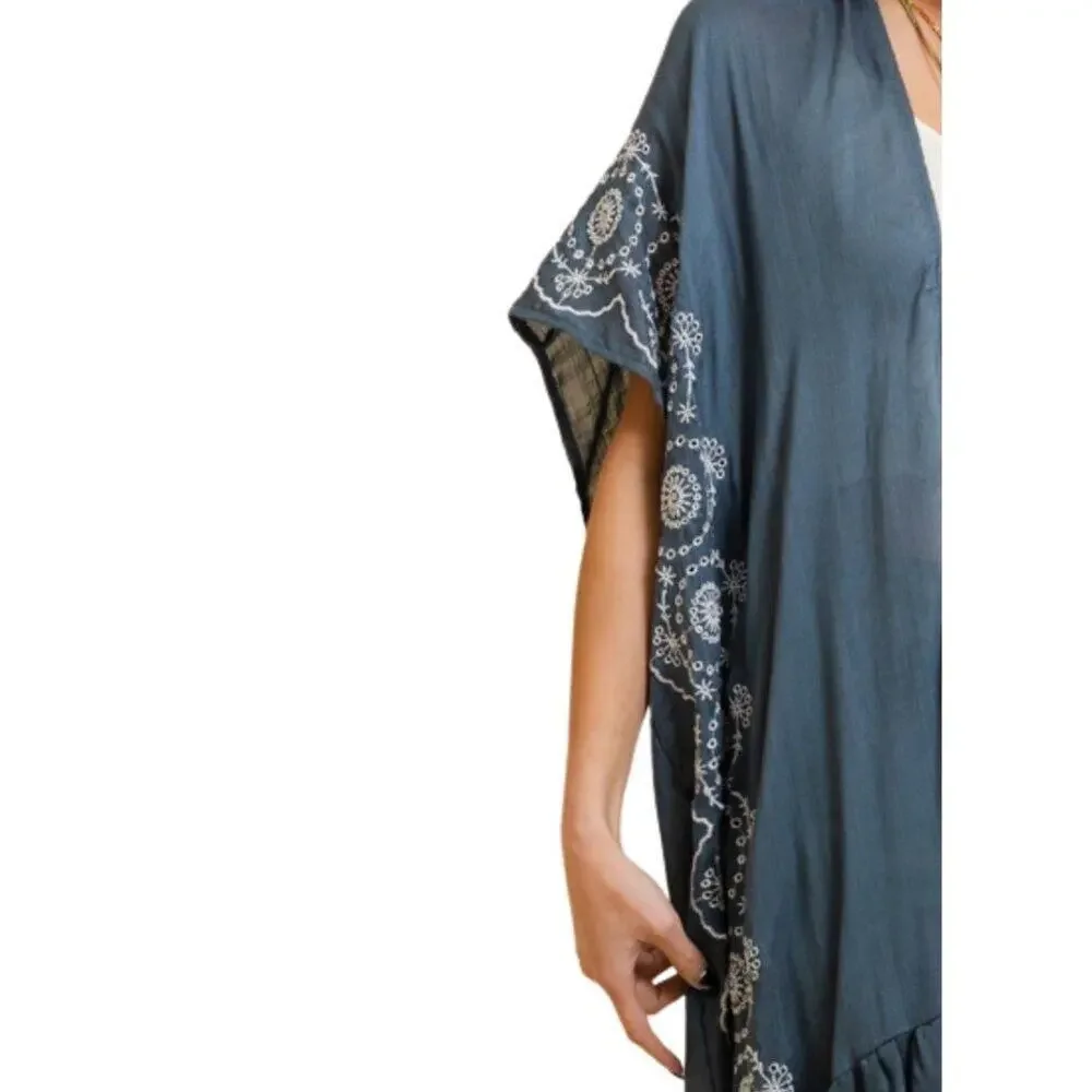 Boho Tribal Embroidered Kimono 1 Sz Lightweight Blue Grey Denim Style - Picture 3 of 5